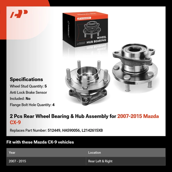 2 Pcs Rear Wheel Bearing & Hub Assembly for 2007-2015 Mazda CX-9