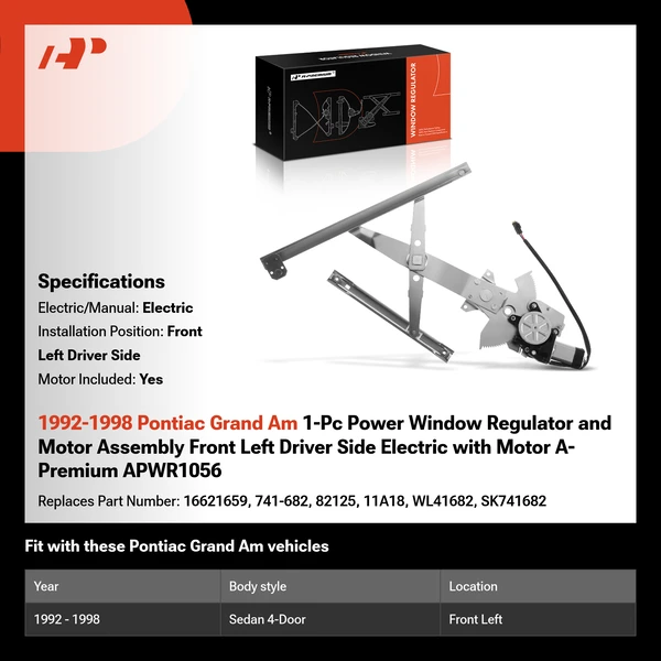 1992-1998 Pontiac Grand Am 1-Pc Power Window Regulator and Motor Assembly Front Left Driver Side Electric with Motor A-Premium APWR1056