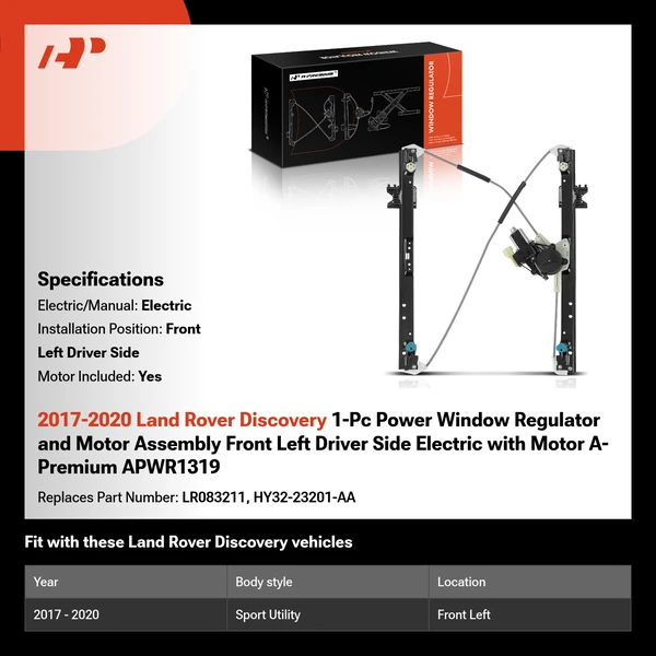 2017-2020 Land Rover Discovery 1-Pc Power Window Regulator and Motor Assembly Front Left Driver Side Electric with Motor A-Premium APWR1319
