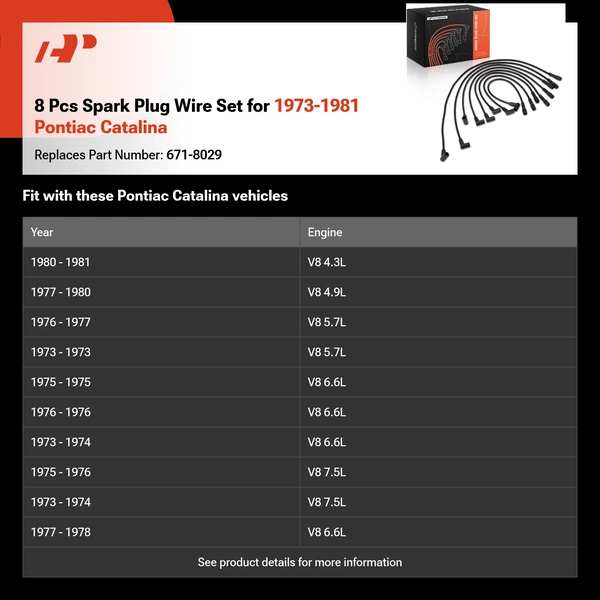 8 Pcs Spark Plug Wire Set for 1973-1981 Pontiac Catalina