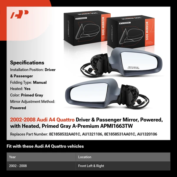 2002-2008 Audi A4 Quattro Driver & Passenger Mirror, Powered, with Heated, Primed Gray A-Premium APMI1663TW