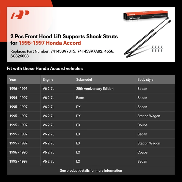2 Pcs Front Hood Lift Supports Shock Struts for 1995-1997 Honda Accord