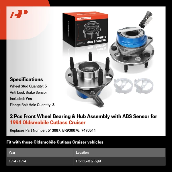 2 Pcs Front Wheel Bearing & Hub Assembly with ABS Sensor for 1994 Oldsmobile Cutlass Cruiser