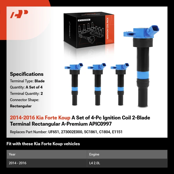 2014-2016 Kia Forte Koup A Set of 4-Pc Ignition Coil 2-Blade Terminal Rectangular A-Premium APIC0997