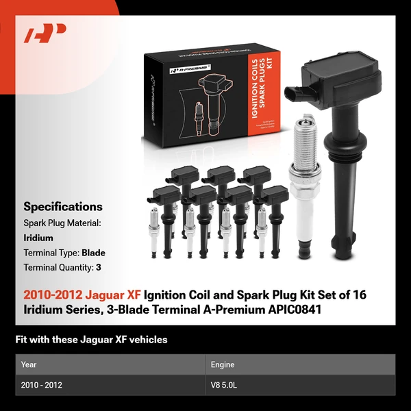 2010-2012 Jaguar XF Ignition Coil and Spark Plug Kit Set of 16 Iridium Series, 3-Blade Terminal A-Premium APIC0841