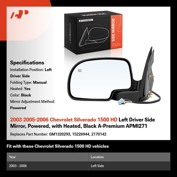 2003 2005-2006 Chevrolet Silverado 1500 HD Left Driver Side Mirror, Powered, with Heated, Black A-Premium APMI271
