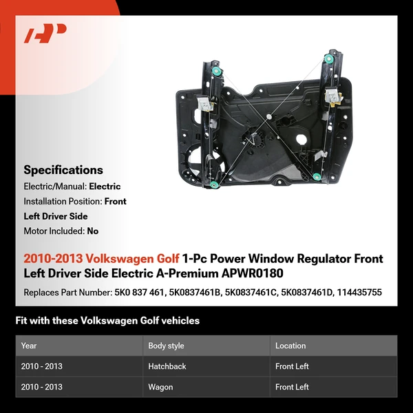 2010-2013 Volkswagen Golf 1-Pc Power Window Regulator Front Left Driver Side Electric A-Premium APWR0180