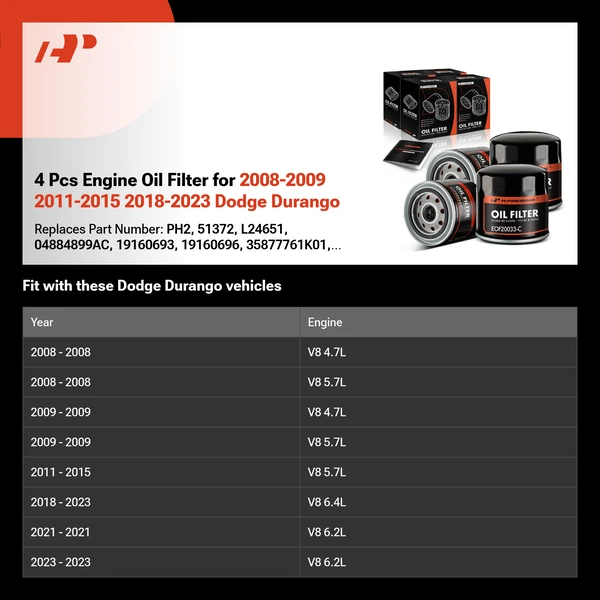 4 Pcs Engine Oil Filter for 2008-2009 2011-2015 2018-2023 Dodge Durango