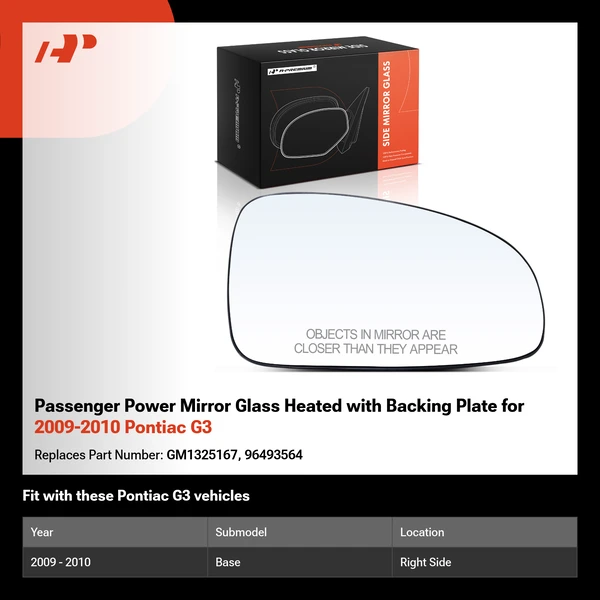 Passenger Power Mirror Glass Heated with Backing Plate for 2009-2010 Pontiac G3