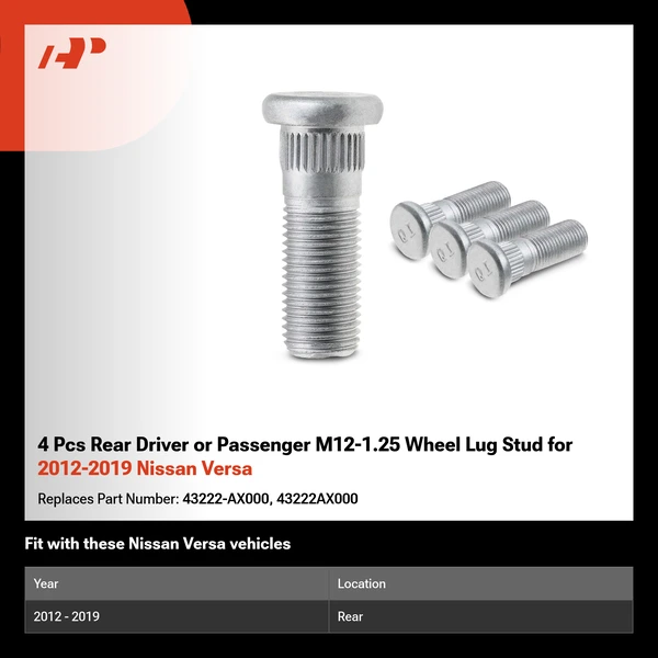 4 Pcs Rear Driver or Passenger M12-1.25 Wheel Lug Stud for 2012-2019 Nissan Versa