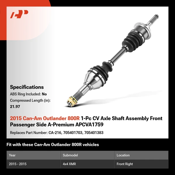 2015 Can-Am Outlander 800R 1-Pc CV Axle Shaft Assembly Front Passenger Side A-Premium APCVA1759