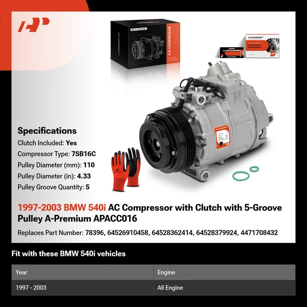 1997-2003 BMW 540i AC Compressor with Clutch with 5-Groove Pulley A-Premium APACC016