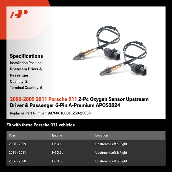 2006-2009 2011 Porsche 911 2-Pc Oxygen Sensor Upstream Driver & Passenger 6-Pin A-Premium APOS2024