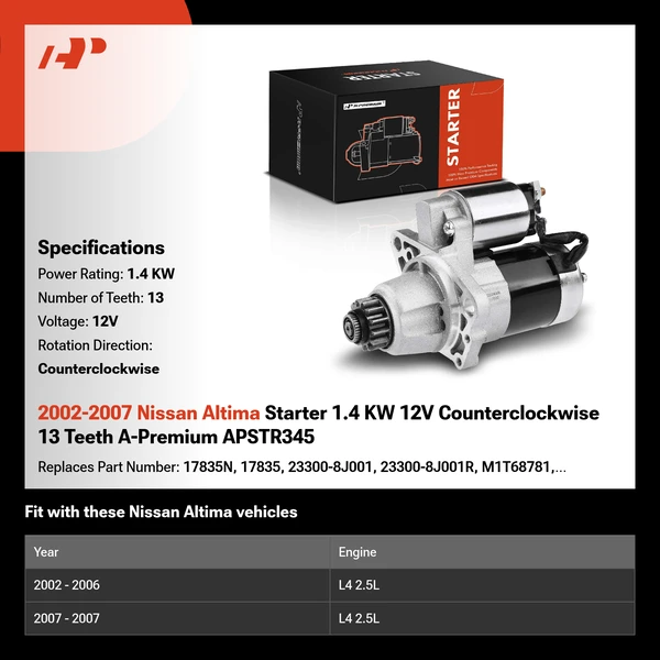 2002-2007 Nissan Altima Starter 1.4 KW 12V Counterclockwise 13 Teeth A-Premium APSTR345