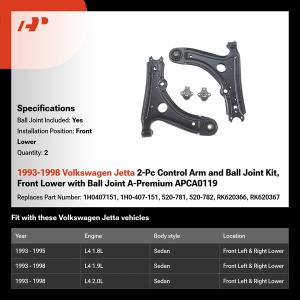 1993-1998 Volkswagen Jetta 2-Pc Control Arm and Ball Joint Kit, Front Lower with Ball Joint A-Premium APCA0119
