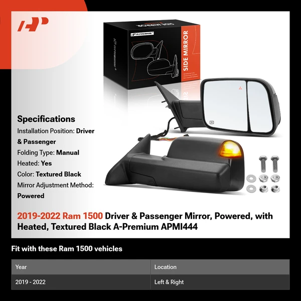 2019-2022 Ram 1500 Driver & Passenger Mirror, Powered, with Heated, Textured Black A-Premium APMI444