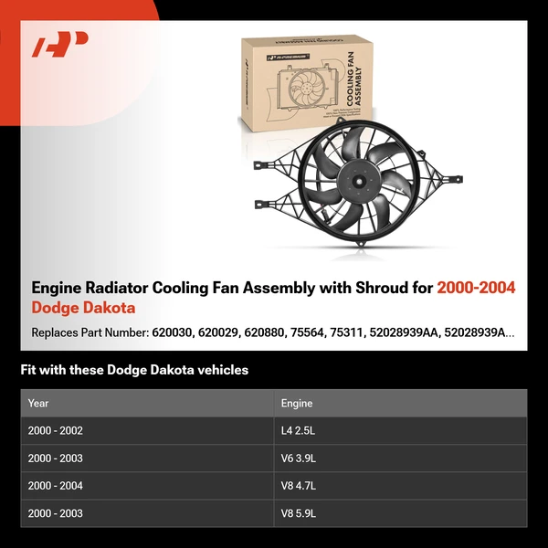 Engine Radiator Cooling Fan Assembly with Shroud for 2000-2004 Dodge Dakota