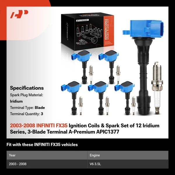 2003-2008 INFINITI FX35 Ignition Coils & Spark Set of 12 Iridium Series, 3-Blade Terminal A-Premium APIC1377