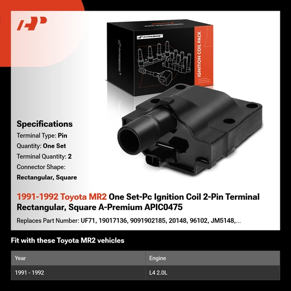 1991-1992 Toyota MR2 One Set-Pc Ignition Coil 2-Pin Terminal Rectangular, Square A-Premium APIC0475