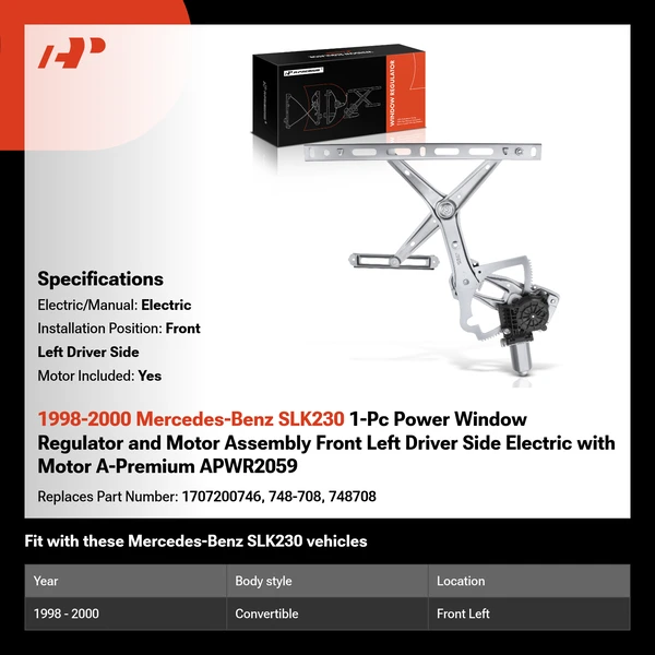 1998-2000 Mercedes-Benz SLK230 1-Pc Power Window Regulator and Motor Assembly Front Left Driver Side Electric with Motor A-Premium APWR2059