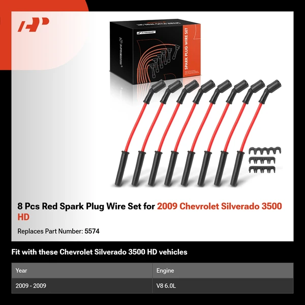 8 Pcs Red Spark Plug Wire Set for 2009 Chevrolet Silverado 3500 HD