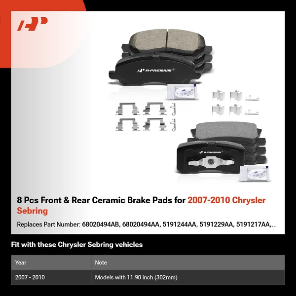 8 Pcs Front & Rear Ceramic Brake Pads for 2007-2010 Chrysler Sebring