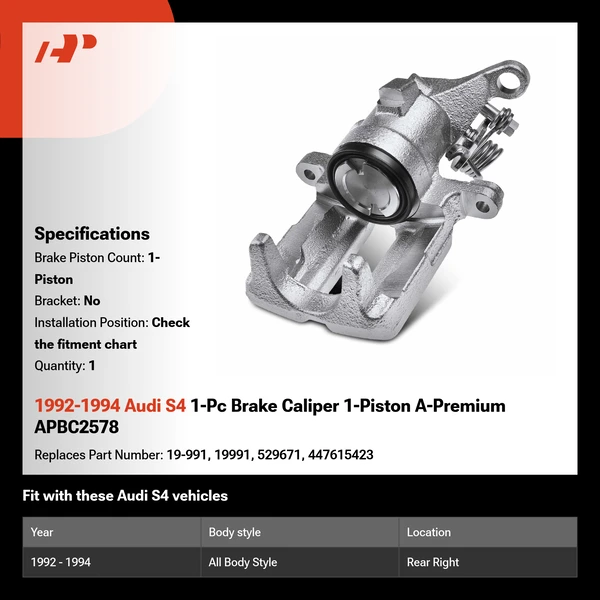 1992-1994 Audi S4 1-Pc Brake Caliper 1-Piston A-Premium APBC2578