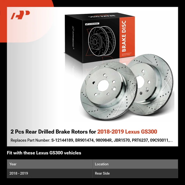 2 Pcs Rear Drilled Brake Rotors for 2018-2019 Lexus GS300