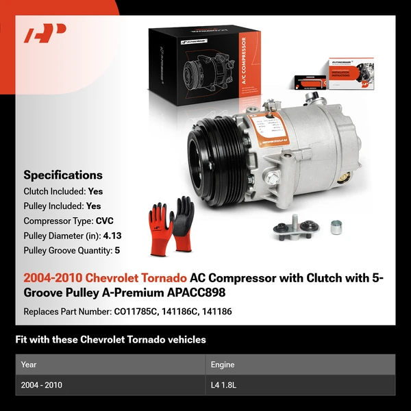 2004-2010 Chevrolet Tornado AC Compressor with Clutch with 5-Groove Pulley A-Premium APACC898