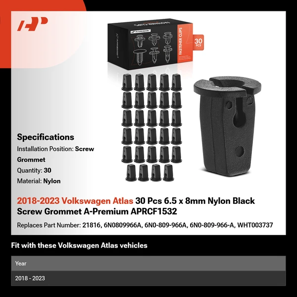 2018-2023 Volkswagen Atlas 30 Pcs 6.5 x 8mm Nylon Black Screw Grommet A-Premium APRCF1532