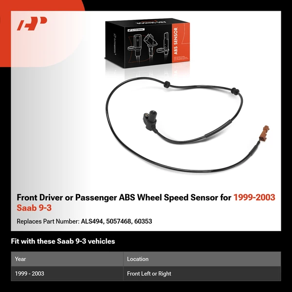 Front Driver or Passenger ABS Wheel Speed Sensor for 1999-2003 Saab 9-3