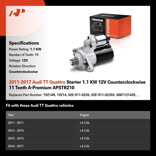 2011-2017 Audi TT Quattro Starter 1.1 KW 12V Counterclockwise 11 Teeth A-Premium APSTR210