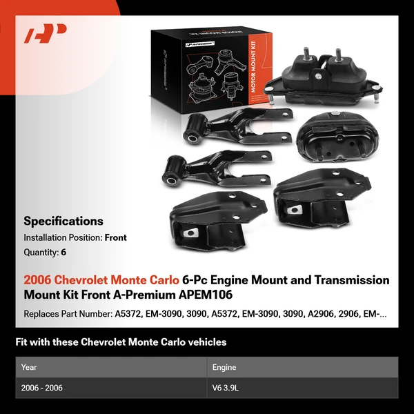 2006 Chevrolet Monte Carlo 6-Pc Engine Mount and Transmission Mount Kit Front A-Premium APEM106