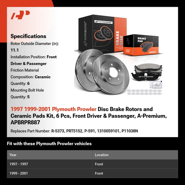1997 1999-2001 Plymouth Prowler Disc Brake Rotors and Ceramic Pads Kit, 6 Pcs, Front Driver & Passenger, A-Premium, APBRPR887