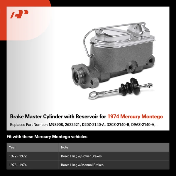 Brake Master Cylinder with Reservoir for 1974 Mercury Montego