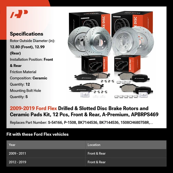 2009-2019 Ford Flex Drilled & Slotted Disc Brake Rotors and Ceramic Pads Kit, 12 Pcs, Front & Rear, A-Premium, APBRPS469