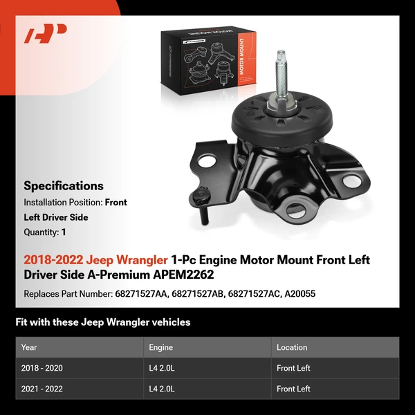 2018-2022 Jeep Wrangler 1-Pc Engine Motor Mount Front Left Driver Side A-Premium APEM2262