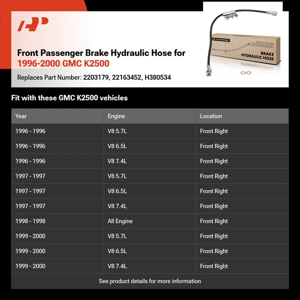 Front Passenger Brake Hydraulic Hose for 1996-2000 GMC K2500