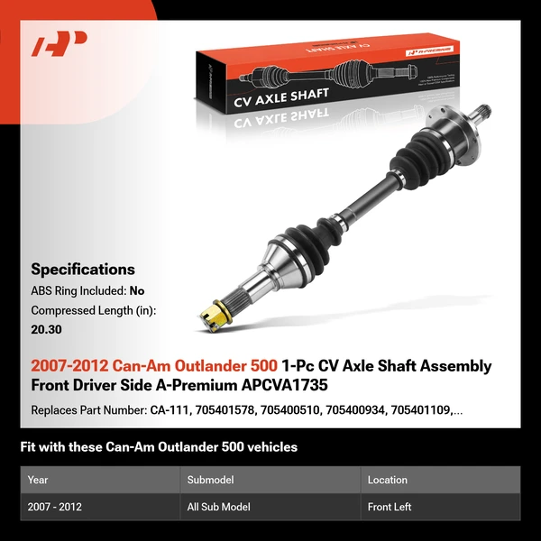 2007-2012 Can-Am Outlander 500 1-Pc CV Axle Shaft Assembly Front Driver Side A-Premium APCVA1735