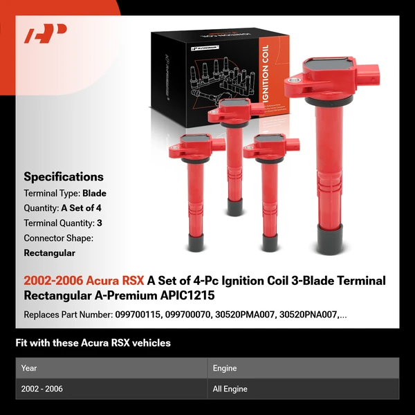 2002-2006 Acura RSX A Set of 4-Pc Ignition Coil 3-Blade Terminal Rectangular A-Premium APIC1215