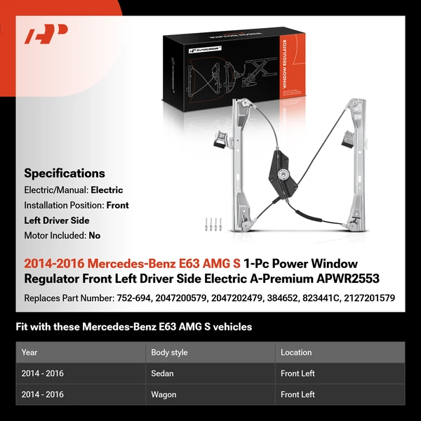 2014-2016 Mercedes-Benz E63 AMG S 1-Pc Power Window Regulator Front Left Driver Side Electric A-Premium APWR2553
