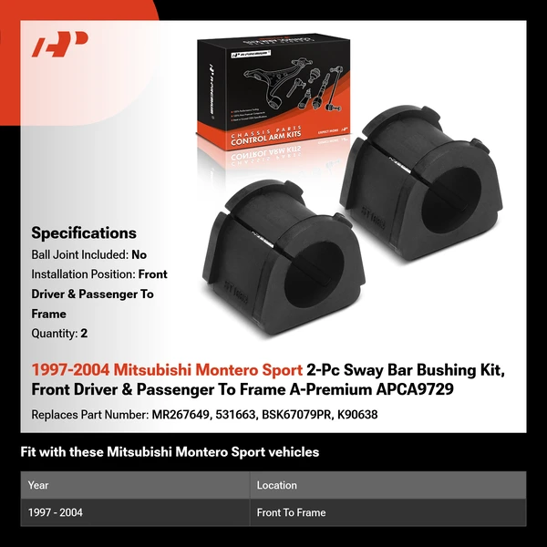 1997-2004 Mitsubishi Montero Sport 2-Pc Sway Bar Bushing Kit, Front Driver & Passenger To Frame A-Premium APCA9729