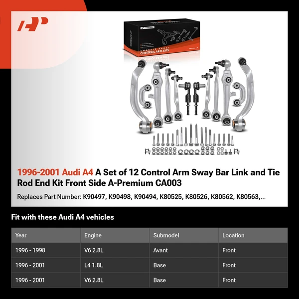 1996-2001 Audi A4 A Set of 12 Control Arm Sway Bar Link and Tie Rod End Kit Front Side A-Premium CA003