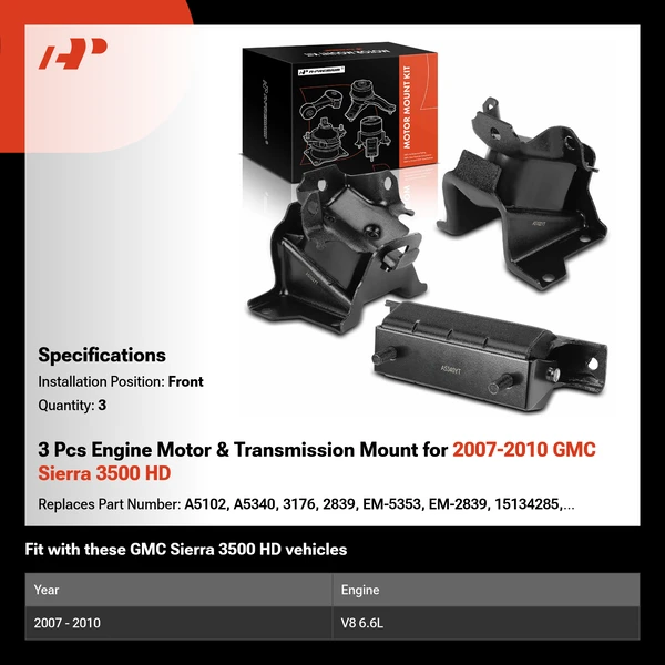 3 Pcs Engine Motor & Transmission Mount for 2007-2010 GMC Sierra 3500 HD