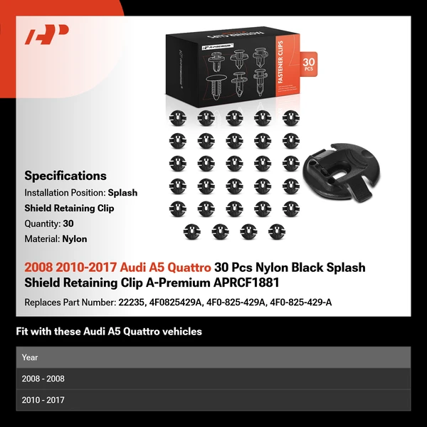 2008 2010-2017 Audi A5 Quattro 30 Pcs Nylon Black Splash Shield Retaining Clip A-Premium APRCF1881