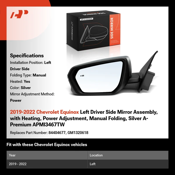 2019-2022 Chevrolet Equinox Left Driver Side Mirror Assembly, with Heating, Power Adjustment, Manual Folding, Silver A-Premium APMI3467TW