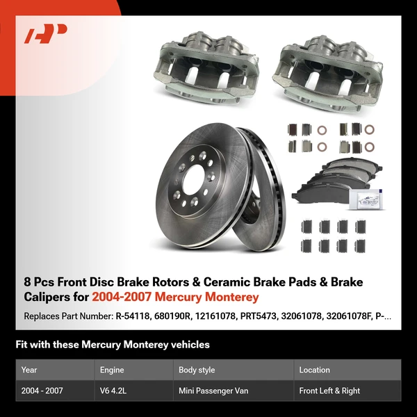 8 Pcs Front Disc Brake Rotors & Ceramic Brake Pads & Brake Calipers for 2004-2007 Mercury Monterey