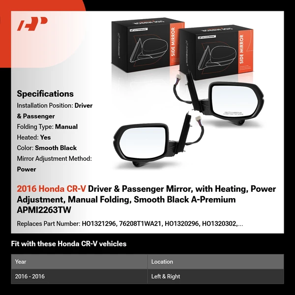 2016 Honda CR-V Driver & Passenger Mirror, with Heating, Power Adjustment, Manual Folding, Smooth Black A-Premium APMI2263TW