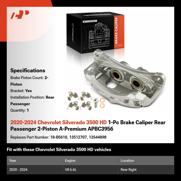 2020-2024 Chevrolet Silverado 3500 HD 1-Pc Brake Caliper Rear Passenger 2-Piston A-Premium APBC3956