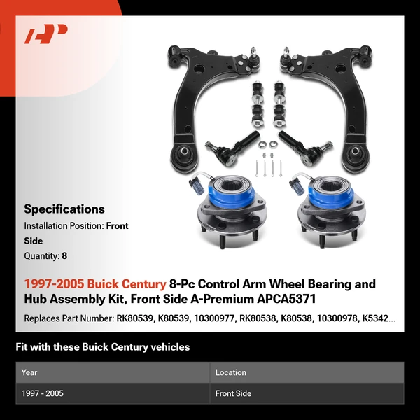 1997-2005 Buick Century 8-Pc Control Arm Wheel Bearing and Hub Assembly Kit, Front Side A-Premium APCA5371